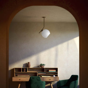 Brass ceiling light with opal glass sphere, asymmetrical design, perfect for modern and sophisticated interiors by Ghidini 1849 - Finish: OBM Bronze Satin Matt Brass