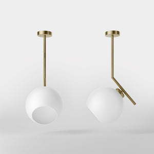 Brass ceiling light with opal glass sphere, asymmetrical design, perfect for modern and sophisticated interiors by Ghidini 1849 - Finish: OBV Bronze Satin Light Brass