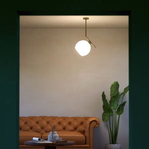 Brass ceiling light with opal glass sphere, asymmetrical design, perfect for modern and sophisticated interiors by Ghidini 1849 - Finish: OBV Bronze Satin Light Brass