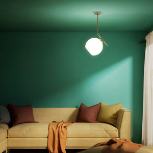 Brass ceiling light with opal glass sphere, asymmetrical design, perfect for modern and sophisticated interiors by Ghidini 1849 - Finish: OBV Bronze Satin Light Brass