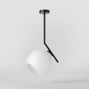 Brass ceiling light with opal glass sphere, asymmetrical design, perfect for modern and sophisticated interiors by Ghidini 1849 - Finish: ONO Matt Black