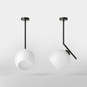 Brass ceiling light with opal glass sphere, asymmetrical design, perfect for modern and sophisticated interiors by Ghidini 1849 - Finish: ONO Matt Black