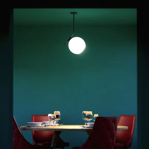 Brass ceiling light with opal glass sphere, asymmetrical design, perfect for modern and sophisticated interiors by Ghidini 1849 - Finish: ONO Matt Black