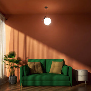 Brass ceiling light with opal glass sphere, asymmetrical design, perfect for modern and sophisticated interiors by Ghidini 1849 - Finish: ONO Matt Black