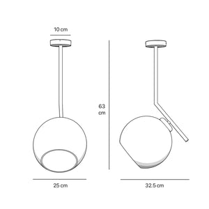 Brass ceiling light with opal glass sphere, asymmetrical design, perfect for modern and sophisticated interiors by Ghidini 1849