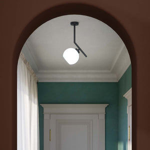 Brass ceiling light with a 16 cm opal glass sphere, soft lighting, ideal for modern and elegant interiors by Ghidini 1849 - Finish: ONO Matt Black