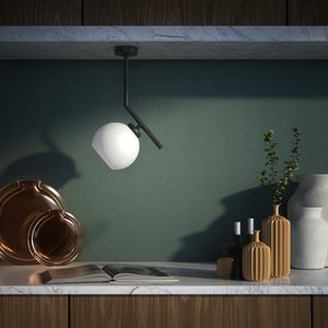 Brass ceiling light with a 16 cm opal glass sphere, soft lighting, ideal for modern and elegant interiors by Ghidini 1849 - Finish: ONO Matt Black