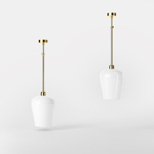 Pendant light with brass stem and white glass shade, elegant design for sophisticated interiors by Ghidini 1849 - Finish: OLV Polished Brass