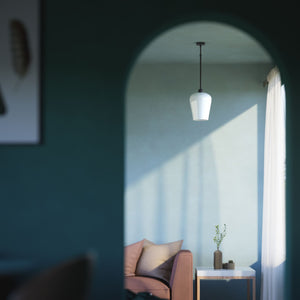 Pendant light with brass stem and white glass shade, elegant design for sophisticated interiors by Ghidini 1849 - Finish: ONO Matt Black