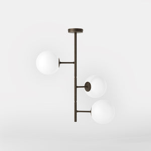 Modern ceiling light with three frosted glass spheres contemporary design Made in Italy by Ghidini 1849 - Finish: OBM Bronze Satin Matt Brass