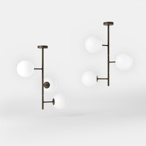 Modern ceiling light with three frosted glass spheres contemporary design Made in Italy by Ghidini 1849 - Finish: OBM Bronze Satin Matt Brass