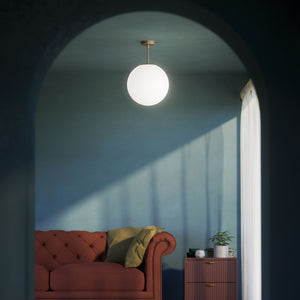 Minimalist globe ceiling light with frosted glass sphere and compact brass structure Made in Italy design by Ghidini 1849 - Finish: OBM Bronze Satin Matt Brass