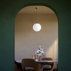 Art Deco globe pendant light with frosted glass sphere and adjustable brass structure Made in Italy design by Ghidini 1849 - Finish: OBM Bronze Satin Matt Brass