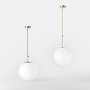 Art Deco globe pendant light with frosted glass sphere and adjustable brass structure Made in Italy design by Ghidini 1849 - Finish: OBV Bronze Satin Light Brass