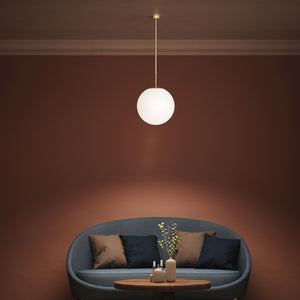 Art Deco globe pendant light with frosted glass sphere and adjustable brass structure Made in Italy design by Ghidini 1849 - Finish: OBV Bronze Satin Light Brass