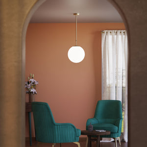 Art Deco globe pendant light with frosted glass sphere and adjustable brass structure Made in Italy design by Ghidini 1849 - Finish: OBV Bronze Satin Light Brass