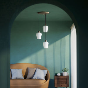 Pendant light with three white glass diffusers, brass details, and adjustable cables for elegant interiors by Ghidini 1849 - Finish: OBM Bronze Satin Matt Brass