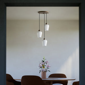 Pendant light with three white glass diffusers, brass details, and adjustable cables for elegant interiors by Ghidini 1849 - Finish: OBM Bronze Satin Matt Brass