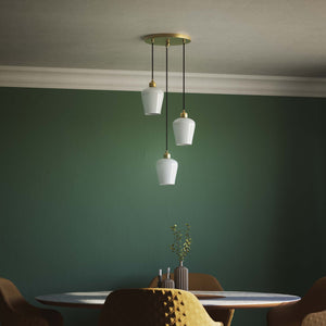 Pendant light with three white glass diffusers, brass details, and adjustable cables for elegant interiors by Ghidini 1849 - Finish: OBV Bronze Satin Light Brass