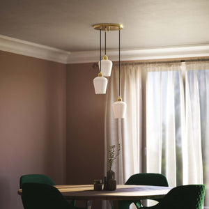 Pendant light with three white glass diffusers, brass details, and adjustable cables for elegant interiors by Ghidini 1849 - Finish: OLV Polished Brass