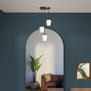 Pendant light with three white glass diffusers, brass details, and adjustable cables for elegant interiors by Ghidini 1849 - Finish: ONO Matt Black