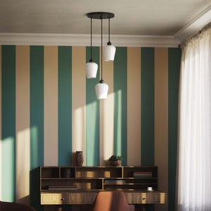 Pendant light with three white glass diffusers, brass details, and adjustable cables for elegant interiors by Ghidini 1849 - Finish: ONO Matt Black