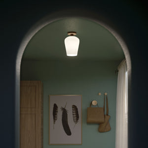 Brass ceiling light with glossy white glass diffuser, elegant and refined design for contemporary and classic interiors by Ghidini 1849 - Finish: OBM Bronze Satin Matt Brass