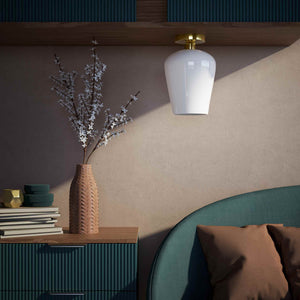 Brass ceiling light with glossy white glass diffuser, elegant and refined design for contemporary and classic interiors by Ghidini 1849 - Finish: OLV Polished Brass