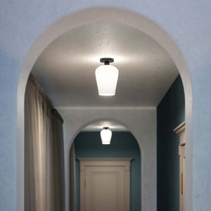 Brass ceiling light with glossy white glass diffuser, elegant and refined design for contemporary and classic interiors by Ghidini 1849 - Finish: ONO Matt Black