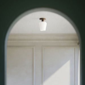 Compact ceiling light in brass and white glass, elegant and diffused lighting for classic and modern interiors by Ghidini 1849 - Finish: OBM Bronze Satin Matt Brass