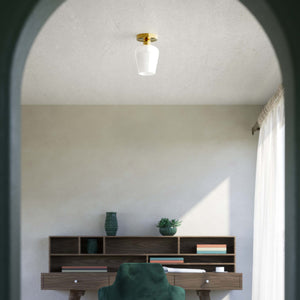 Compact ceiling light in brass and white glass, elegant and diffused lighting for classic and modern interiors by Ghidini 1849 - Finish: OLV Polished Brass