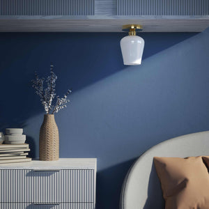 Compact ceiling light in brass and white glass, elegant and diffused lighting for classic and modern interiors by Ghidini 1849 - Finish: OLV Polished Brass