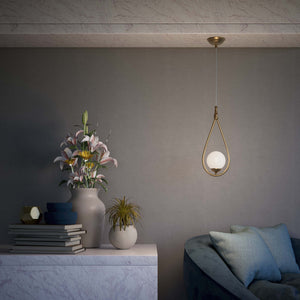 Art Deco teardrop pendant light in brass with glossy white glass sphere adjustable cable elegant design lighting decor by Ghidini 1849 - Finish: OBS Bronze Satin Brass