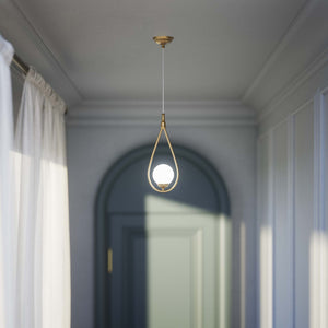 Art Deco teardrop pendant light in brass with glossy white glass sphere adjustable cable elegant design lighting decor by Ghidini 1849 - Finish: OBS Bronze Satin Brass