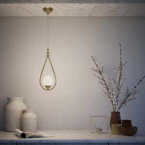 Art Deco teardrop pendant light in brass with glossy white glass sphere adjustable cable elegant design lighting decor by Ghidini 1849 - Finish: OBV Bronze Satin Light Brass