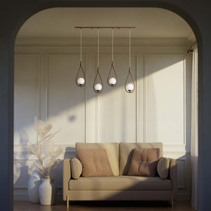 Art Deco multiple pendant with 4 brass teardrops and glossy white glass spheres adjustable cables elegant design by Ghidini 1849 - Finish: OBM Bronze Satin Matt Brass