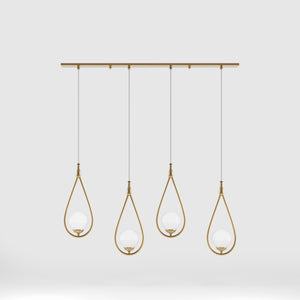 Art Deco multiple pendant with 4 brass teardrops and glossy white glass spheres adjustable cables elegant design by Ghidini 1849 - Finish: OBS Bronze Satin Brass