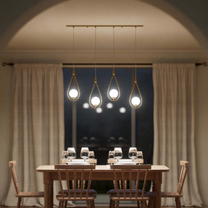 Art Deco multiple pendant with 4 brass teardrops and glossy white glass spheres adjustable cables elegant design by Ghidini 1849 - Finish: OBS Bronze Satin Brass