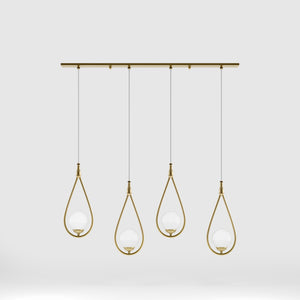 Art Deco multiple pendant with 4 brass teardrops and glossy white glass spheres adjustable cables elegant design by Ghidini 1849 - Finish: OBV Bronze Satin Light Brass