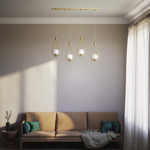 Art Deco multiple pendant with 4 brass teardrops and glossy white glass spheres adjustable cables elegant design by Ghidini 1849 - Finish: OBV Bronze Satin Light Brass