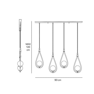 Art Deco multiple pendant with 4 brass teardrops and glossy white glass spheres adjustable cables elegant design by Ghidini 1849