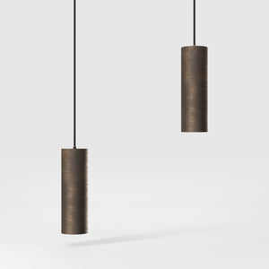 Brass pendant light minimal design cylindrical black textile cable modern interior lighting Made in Italy by Ghidini 1849 - Finish: OBM Bronze Satin Matt Brass