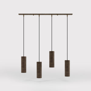 Modern pendant lamp with four brass cylinders and linear bar, height-adjustable pendants with fabric cables, minimalist Venere design by Ghidini 1849 - Finish: OAS Antique Brass