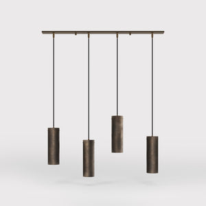 Modern pendant lamp with four brass cylinders and linear bar, height-adjustable pendants with fabric cables, minimalist Venere design by Ghidini 1849 - Finish: OBM Bronze Satin Matt Brass