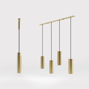 Modern pendant lamp with four brass cylinders and linear bar, height-adjustable pendants with fabric cables, minimalist Venere design by Ghidini 1849 - Finish: OBV Bronze Satin Light Brass