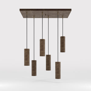 Modern pendant lamp with six brass cylinders arranged in cascade pattern, rectangular base, adjustable fabric cables, Venere design by Ghidini 1849 - Finish: OAS Antique Brass