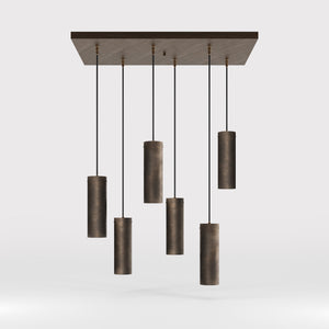 Modern pendant lamp with six brass cylinders arranged in cascade pattern, rectangular base, adjustable fabric cables, Venere design by Ghidini 1849 - Finish: OBM Bronze Satin Matt Brass
