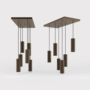 Modern pendant lamp with six brass cylinders arranged in cascade pattern, rectangular base, adjustable fabric cables, Venere design by Ghidini 1849 - Finish: OBM Bronze Satin Matt Brass