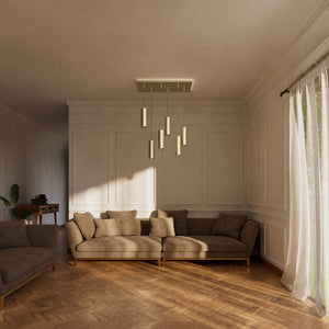 Modern pendant lamp with six brass cylinders arranged in cascade pattern, rectangular base, adjustable fabric cables, Venere design by Ghidini 1849 - Finish: OBV Bronze Satin Light Brass
