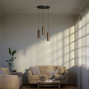 Modern pendant lamp with three brass cylinders and round matte black iron base, height-adjustable pendants, Venere design collection by Ghidini 1849 - Finish: OBM Bronze Satin Matt Brass